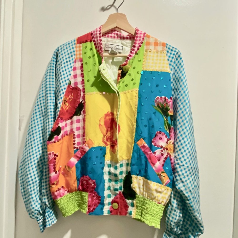 3) Vintage Diane Gilman Silk Festival Sequin Artsy Boho 80s Patch Quilt Bomber …